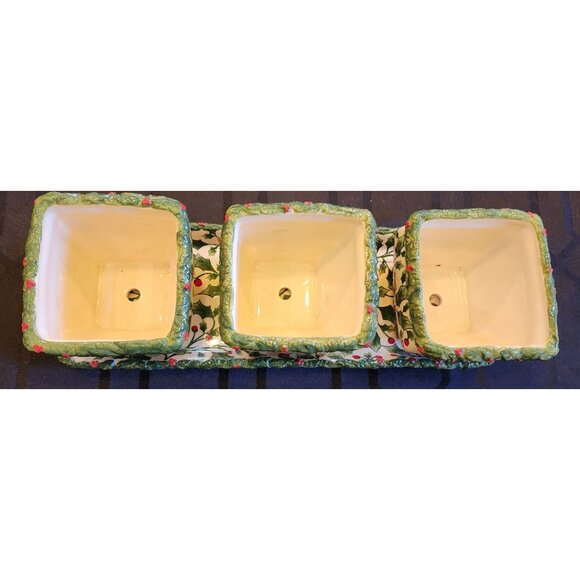 Handpainted Ceramic Holly Berry Planter Set With 3 Square Pots & Tray Holiday De - Picture 4 of 10